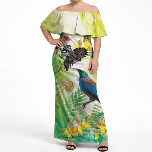 New Zealand Maori Mahuru Off Shoulder Maxi Dress Tui With Pikawakawa Spring Colors