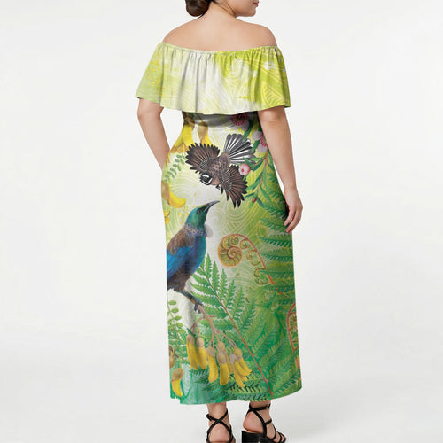 New Zealand Maori Mahuru Off Shoulder Maxi Dress Tui With Pikawakawa Spring Colors