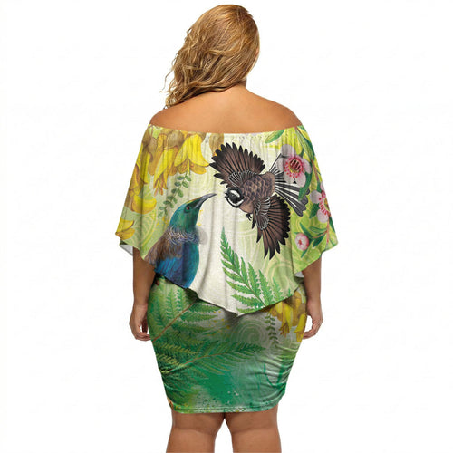 New Zealand Maori Mahuru Off Shoulder Short Dress Tui With Pikawakawa Spring Colors