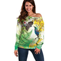 New Zealand Maori Mahuru Off Shoulder Sweater Tui With Pikawakawa Spring Colors