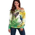 New Zealand Maori Mahuru Off Shoulder Sweater Tui With Pikawakawa Spring Colors