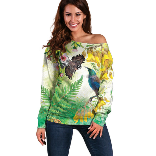 New Zealand Maori Mahuru Off Shoulder Sweater Tui With Pikawakawa Spring Colors