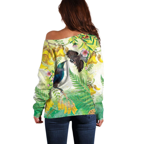 New Zealand Maori Mahuru Off Shoulder Sweater Tui With Pikawakawa Spring Colors