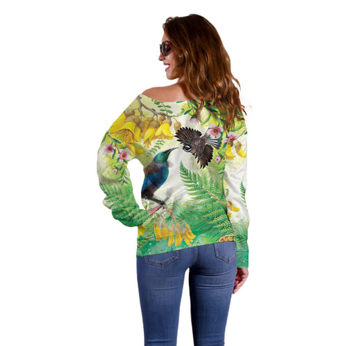 New Zealand Maori Mahuru Off Shoulder Sweater Tui With Pikawakawa Spring Colors