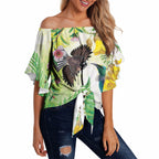 New Zealand Maori Mahuru Off Shoulder Wrap Waist Top Tui With Pikawakawa Spring Colors