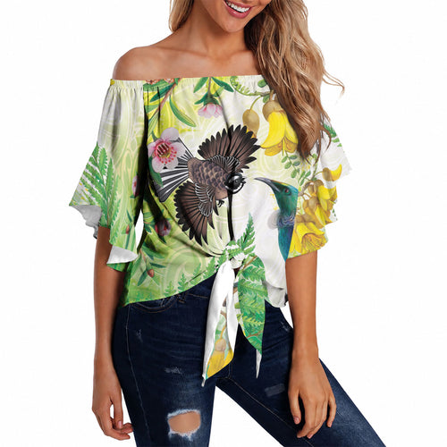 New Zealand Maori Mahuru Off Shoulder Wrap Waist Top Tui With Pikawakawa Spring Colors
