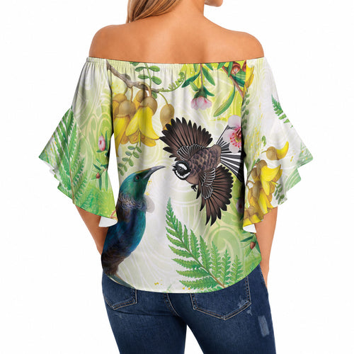 New Zealand Maori Mahuru Off Shoulder Wrap Waist Top Tui With Pikawakawa Spring Colors