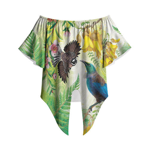 New Zealand Maori Mahuru Off Shoulder Wrap Waist Top Tui With Pikawakawa Spring Colors