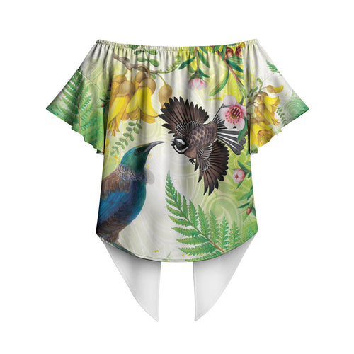 New Zealand Maori Mahuru Off Shoulder Wrap Waist Top Tui With Pikawakawa Spring Colors