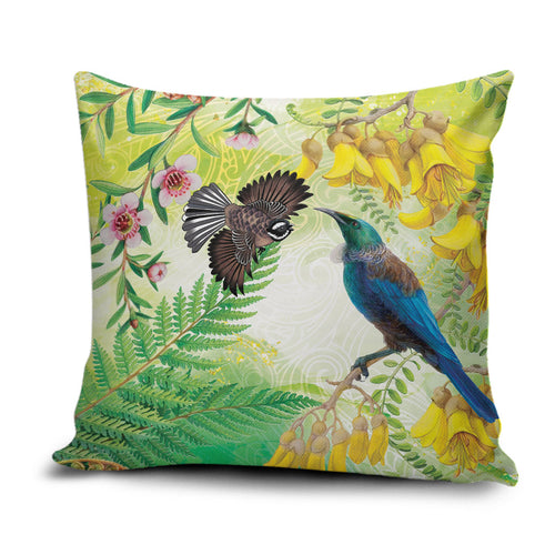 New Zealand Maori Mahuru Pillow Cover Tui With Pikawakawa Spring Colors