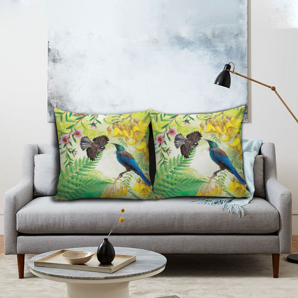 New Zealand Maori Mahuru Pillow Cover Tui With Pikawakawa Spring Colors