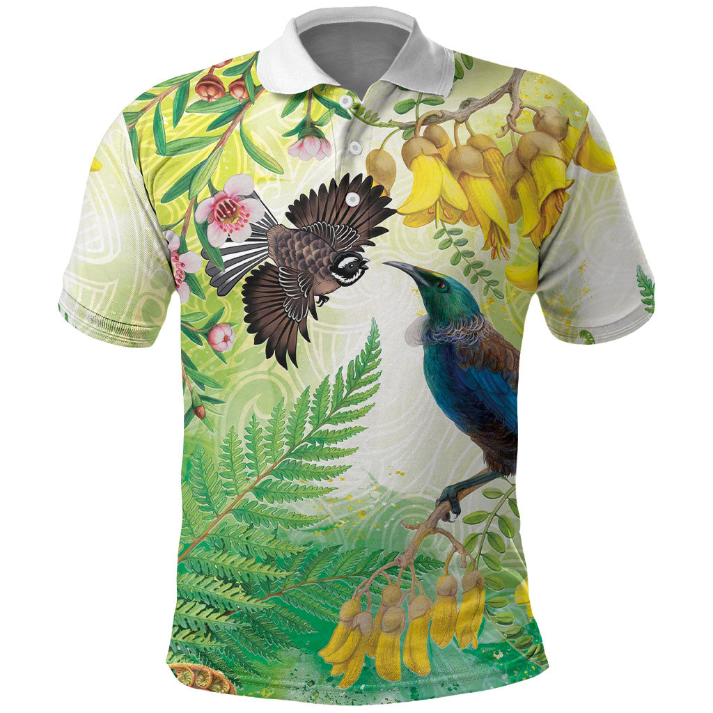 New Zealand Maori Mahuru Polo Shirt Tui With Pikawakawa Spring Colors