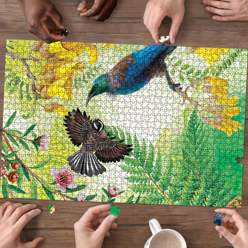 New Zealand Maori Mahuru Puzzle Tui With Pikawakawa Spring Colors