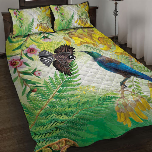 New Zealand Maori Mahuru Quilt Bed Set Tui With Pikawakawa Spring Colors