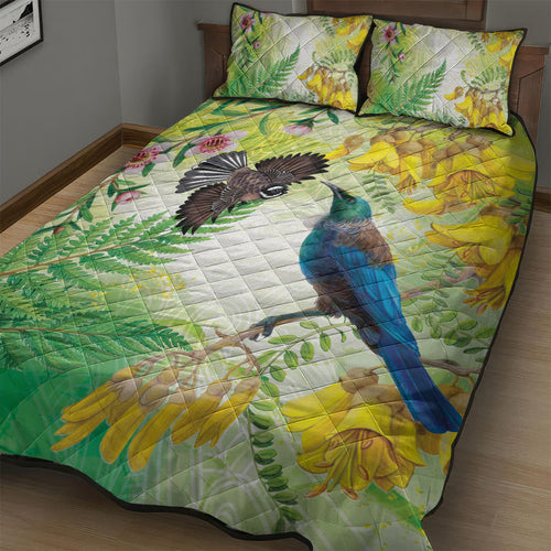 New Zealand Maori Mahuru Quilt Bed Set Tui With Pikawakawa Spring Colors