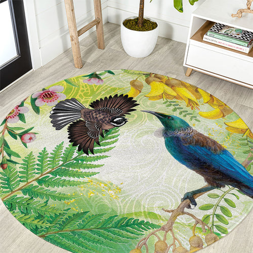New Zealand Maori Mahuru Round Carpet Tui With Pikawakawa Spring Colors