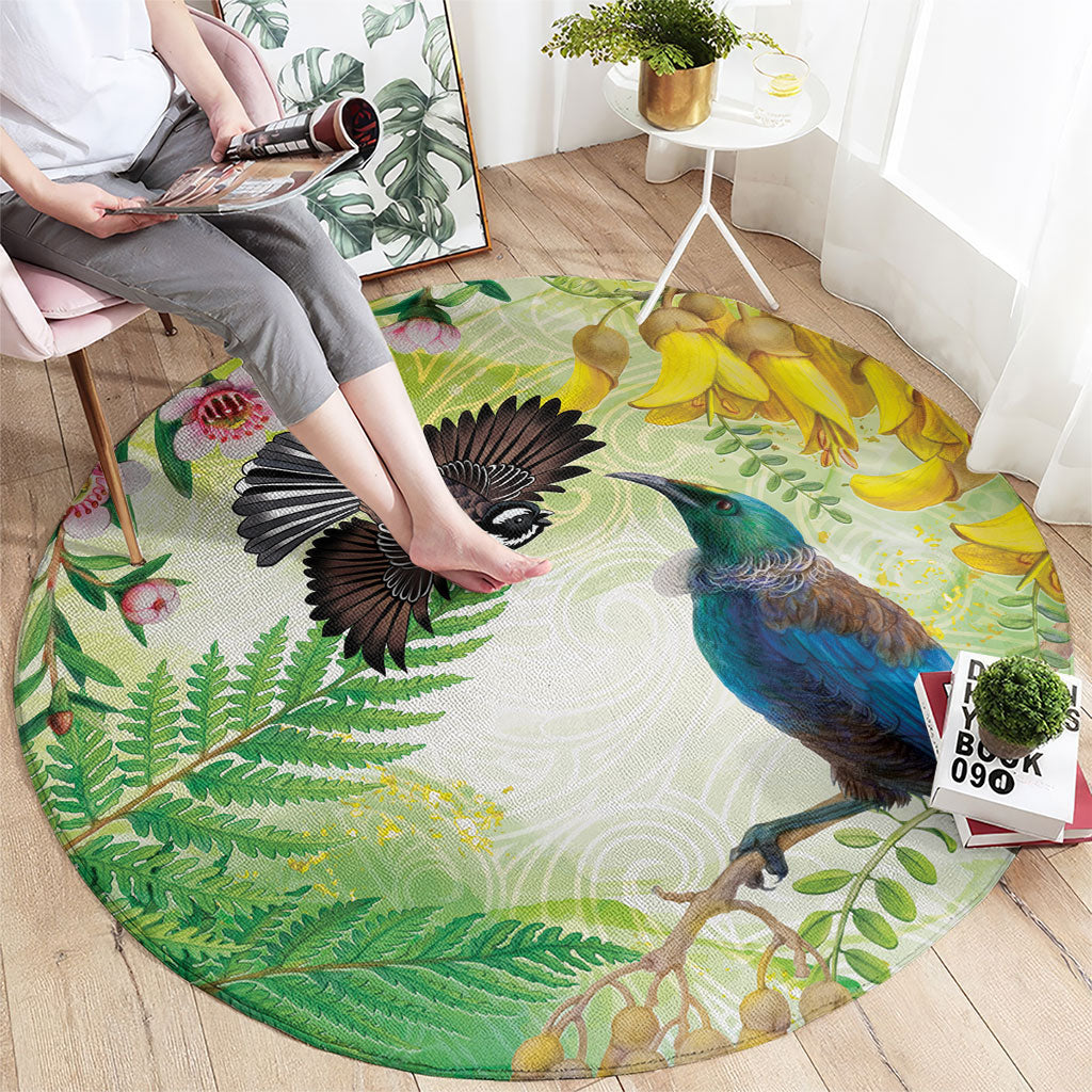 New Zealand Maori Mahuru Round Carpet Tui With Pikawakawa Spring Colors