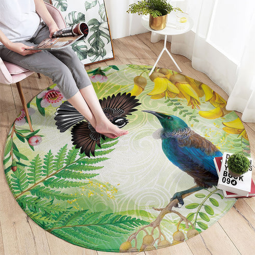 New Zealand Maori Mahuru Round Carpet Tui With Pikawakawa Spring Colors