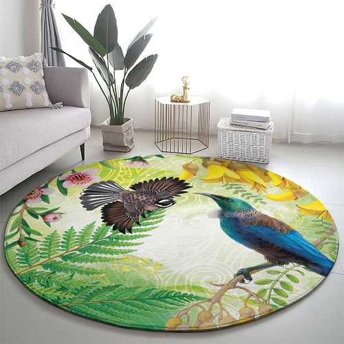 New Zealand Maori Mahuru Round Carpet Tui With Pikawakawa Spring Colors