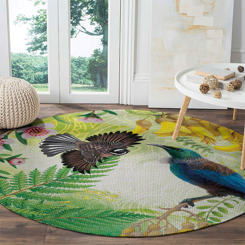 New Zealand Maori Mahuru Round Carpet Tui With Pikawakawa Spring Colors