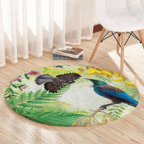 New Zealand Maori Mahuru Round Carpet Tui With Pikawakawa Spring Colors