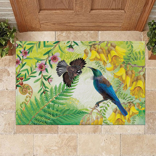 New Zealand Maori Mahuru Rubber Doormat Tui With Pikawakawa Spring Colors