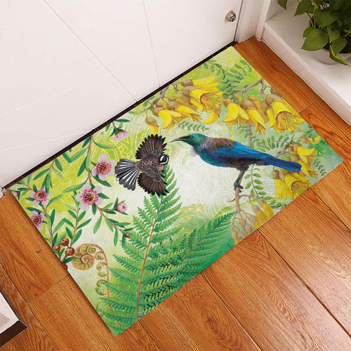 New Zealand Maori Mahuru Rubber Doormat Tui With Pikawakawa Spring Colors