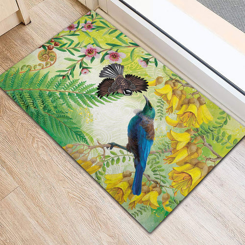 New Zealand Maori Mahuru Rubber Doormat Tui With Pikawakawa Spring Colors