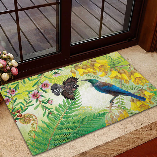 New Zealand Maori Mahuru Rubber Doormat Tui With Pikawakawa Spring Colors