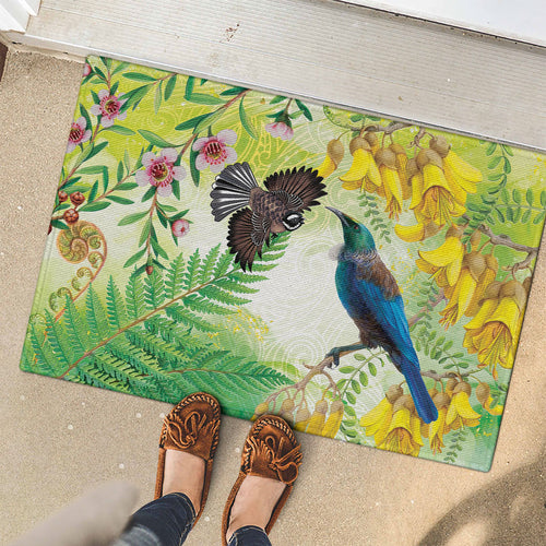 New Zealand Maori Mahuru Rubber Doormat Tui With Pikawakawa Spring Colors