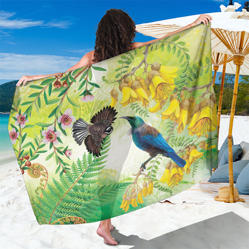 New Zealand Maori Mahuru Sarong Tui With Pikawakawa Spring Colors