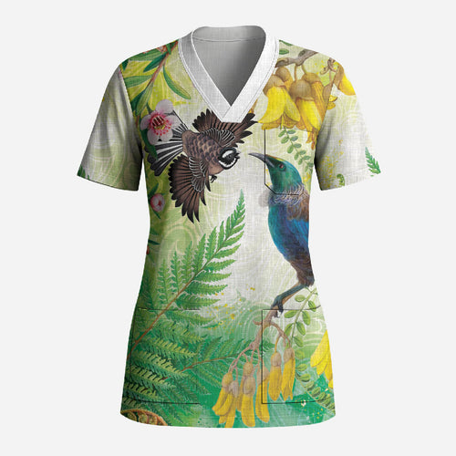 New Zealand Maori Mahuru Scrub Top Tui With Pikawakawa Spring Colors