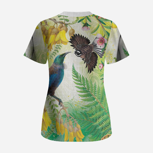 New Zealand Maori Mahuru Scrub Top Tui With Pikawakawa Spring Colors