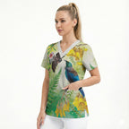 New Zealand Maori Mahuru Scrub Top Tui With Pikawakawa Spring Colors