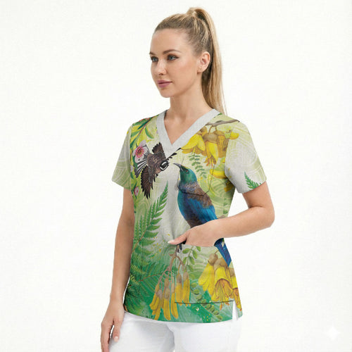 New Zealand Maori Mahuru Scrub Top Tui With Pikawakawa Spring Colors