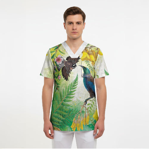 New Zealand Maori Mahuru Scrub Top Tui With Pikawakawa Spring Colors