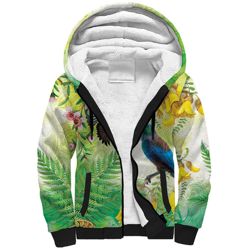 New Zealand Maori Mahuru Sherpa Hoodie Tui With Pikawakawa Spring Colors