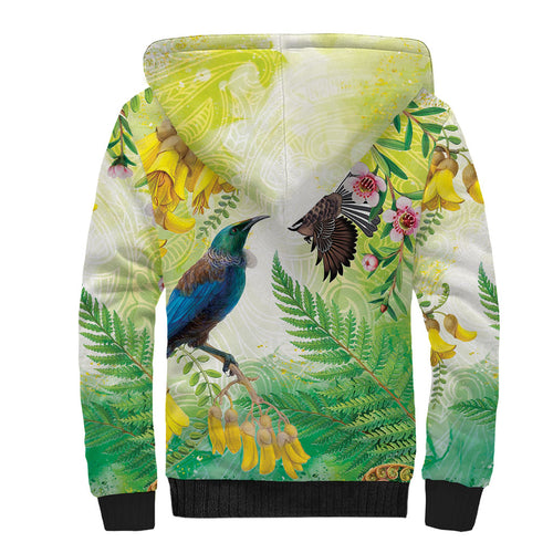 New Zealand Maori Mahuru Sherpa Hoodie Tui With Pikawakawa Spring Colors
