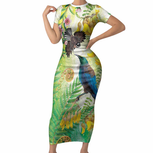 New Zealand Maori Mahuru Short Sleeve Bodycon Dress Tui With Pikawakawa Spring Colors