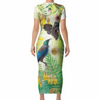 New Zealand Maori Mahuru Short Sleeve Bodycon Dress Tui With Pikawakawa Spring Colors
