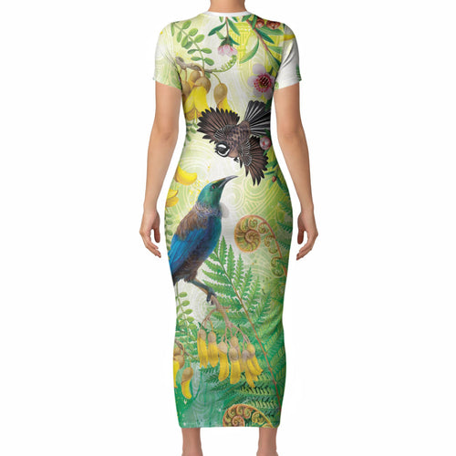 New Zealand Maori Mahuru Short Sleeve Bodycon Dress Tui With Pikawakawa Spring Colors