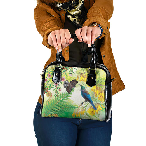 New Zealand Maori Mahuru Shoulder Handbag Tui With Pikawakawa Spring Colors