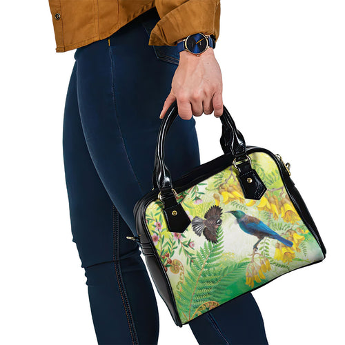New Zealand Maori Mahuru Shoulder Handbag Tui With Pikawakawa Spring Colors