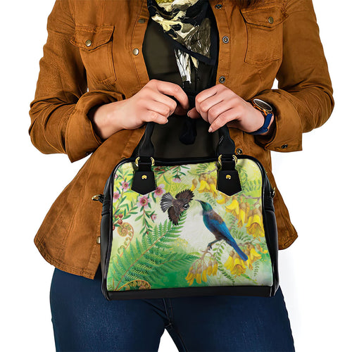 New Zealand Maori Mahuru Shoulder Handbag Tui With Pikawakawa Spring Colors