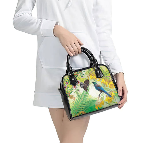 New Zealand Maori Mahuru Shoulder Handbag Tui With Pikawakawa Spring Colors
