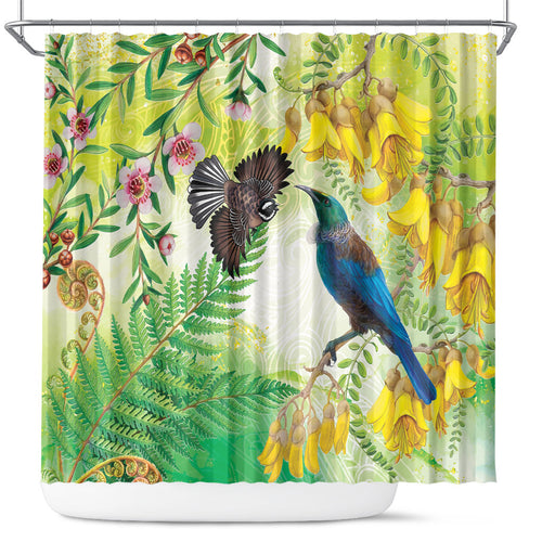 New Zealand Maori Mahuru Shower Curtain Tui With Pikawakawa Spring Colors
