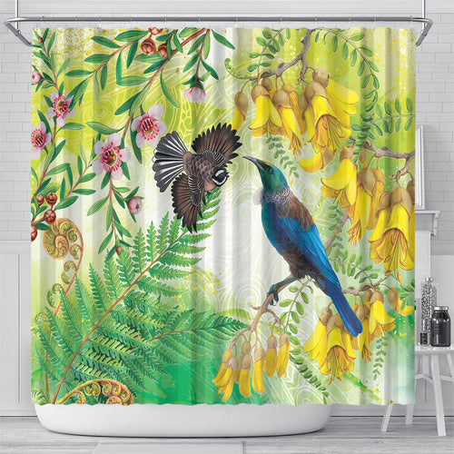 New Zealand Maori Mahuru Shower Curtain Tui With Pikawakawa Spring Colors
