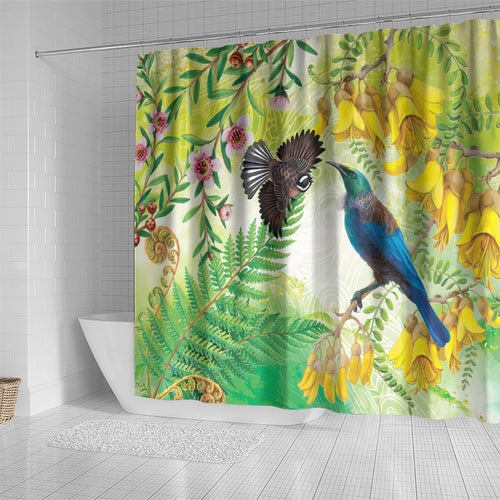 New Zealand Maori Mahuru Shower Curtain Tui With Pikawakawa Spring Colors
