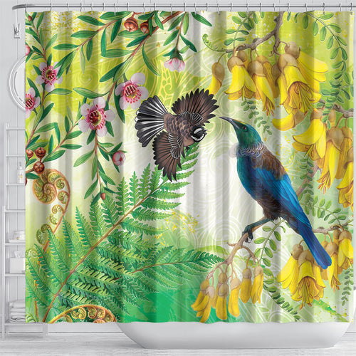 New Zealand Maori Mahuru Shower Curtain Tui With Pikawakawa Spring Colors