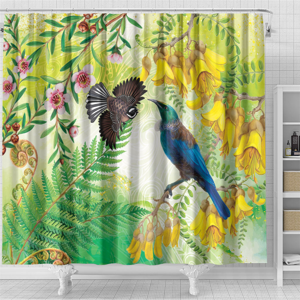 New Zealand Maori Mahuru Shower Curtain Tui With Pikawakawa Spring Colors